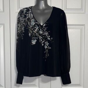 White House Black Market Black Floral V-Neck Blouse, Medium